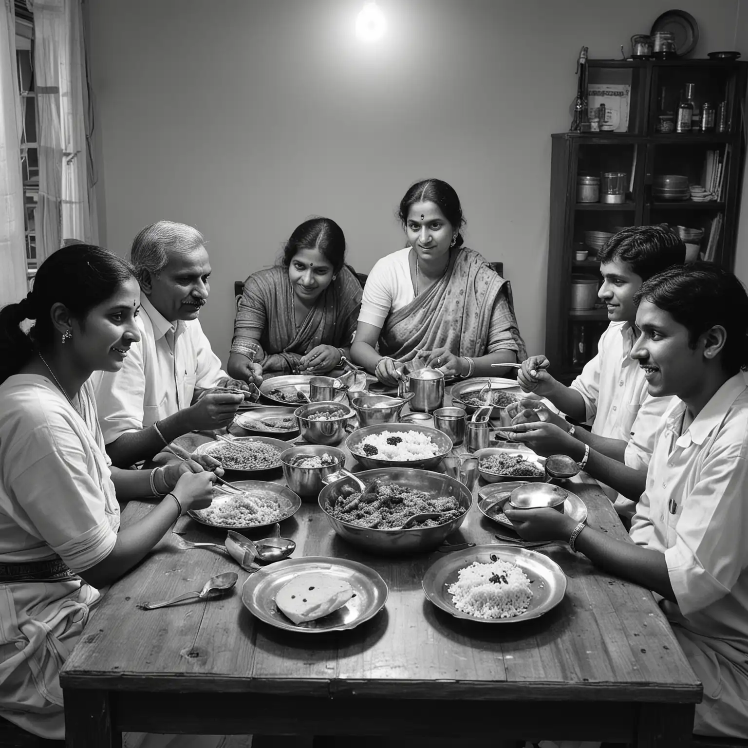 A scene of a traditional North Indian household in 1990 - a traditional indian middle class family including mom, dad, grandparents and 2 kids with realistic faces sitting together on the dining table, eating homemade food in steel utensils. Relaxed ambience, minimal distraction, slow life, communal dining, traditional foods, black and white photo clicked