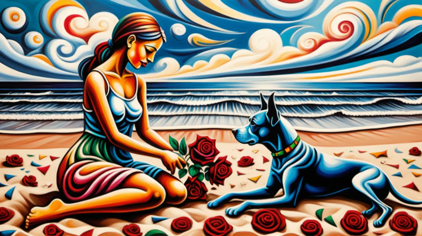 Picasso Style Playful Beach Scene with Young Girl and Dog