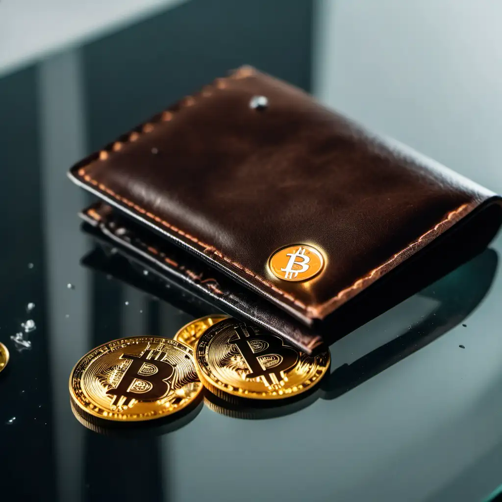 A leather wallet lies on a glass table, 3 golden Bitcoin coins fall out of the wallet