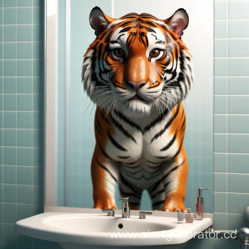 Реалистичный тигр смотрит в зеркало в ванной