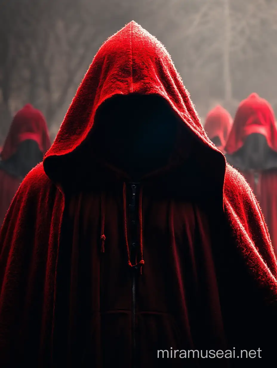 red hooded cloak figure cult with male figure, face is covered with shadow