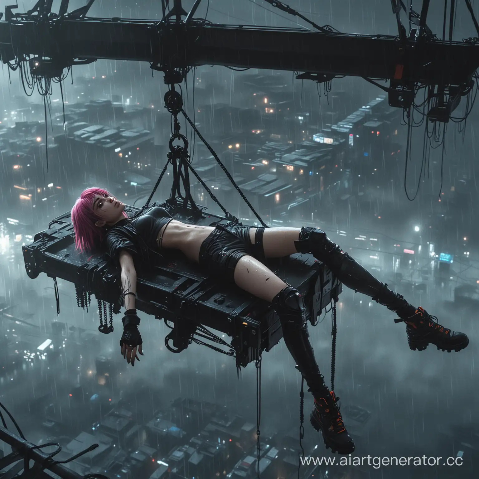 cyberpunk dark style, rain, fog, anime emo girl with detail colored hair, the girl is lying on the edge of the lifting crane, detail light and shadows, dynamic frame and the perspective from above
