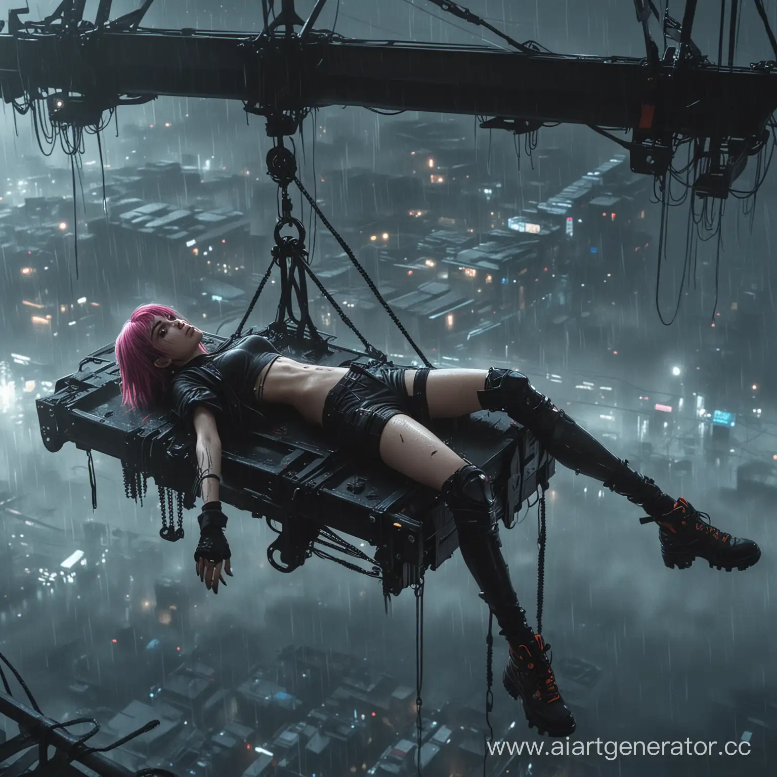 Cyberpunk-Anime-Emo-Girl-Lying-on-Crane-Edge-in-Rainy-Fog