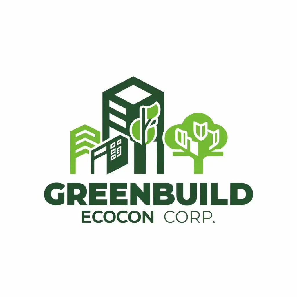 a logo design,with the text "GREENBUILD 

ECOCON 

CORP.", main symbol:HOUSES, BUILDINGS, TREES, CONSTRUCTION EQUIPMENT,,Moderate,be used in Construction industry,clear background