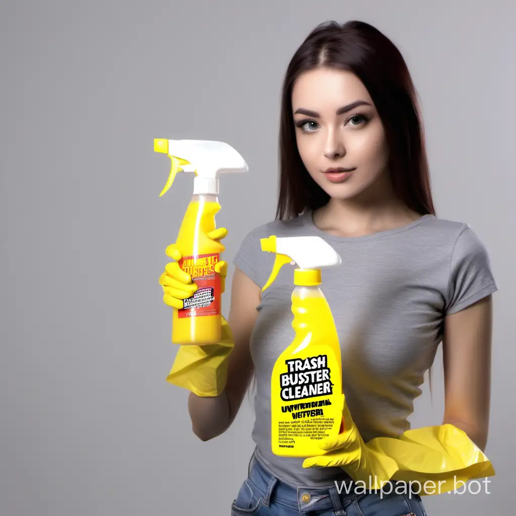 Beautiful and sexy girl shows a spray bottle of yellow Trigger universal cleaner, with the label TRASH BUSTER, beautifully