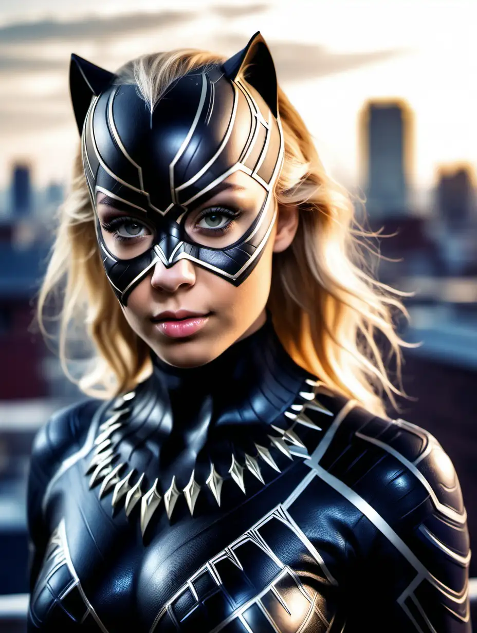 Beautiful Nordic woman, very attractive face, detailed eyes, big breasts, slim body, dark eye shadow, messy blonde hair, dressed as a female version of the superhero Black Panther including full faced helmet, close up, bokeh background, soft light on face, rim lighting, facing away from camera, looking back over her shoulder, standing on a rooftop overlooking the city, photorealistic, very high detail, extra wide photo, full body photo, aerial photo