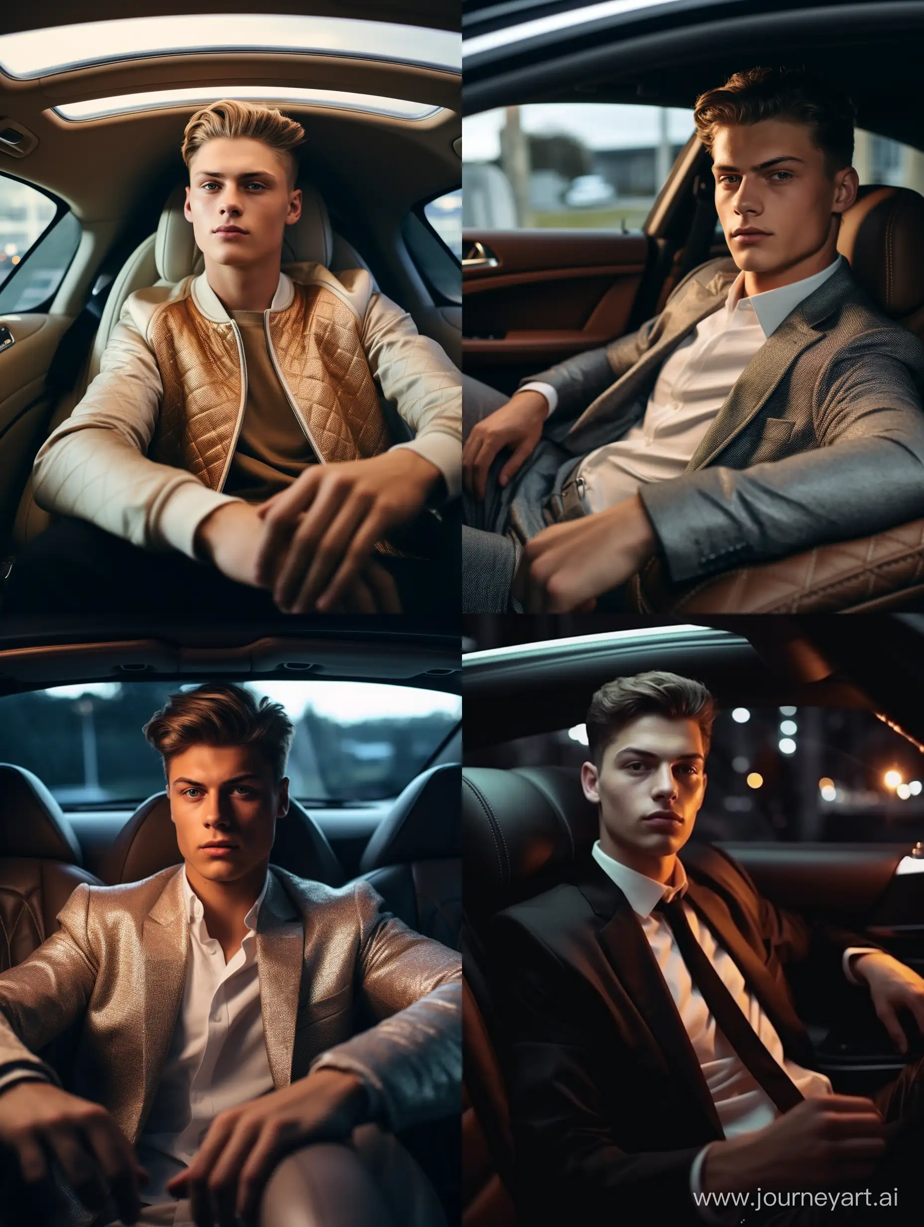 A sophisticated, realistic 4k cinematic photo,young adult, Not a mature 17 years old. European appearance with classical medium length haircut. He's wearing brand-new clothes. He is sitting in back seat of Mercedes maybach car, long exposure, close-up portrait