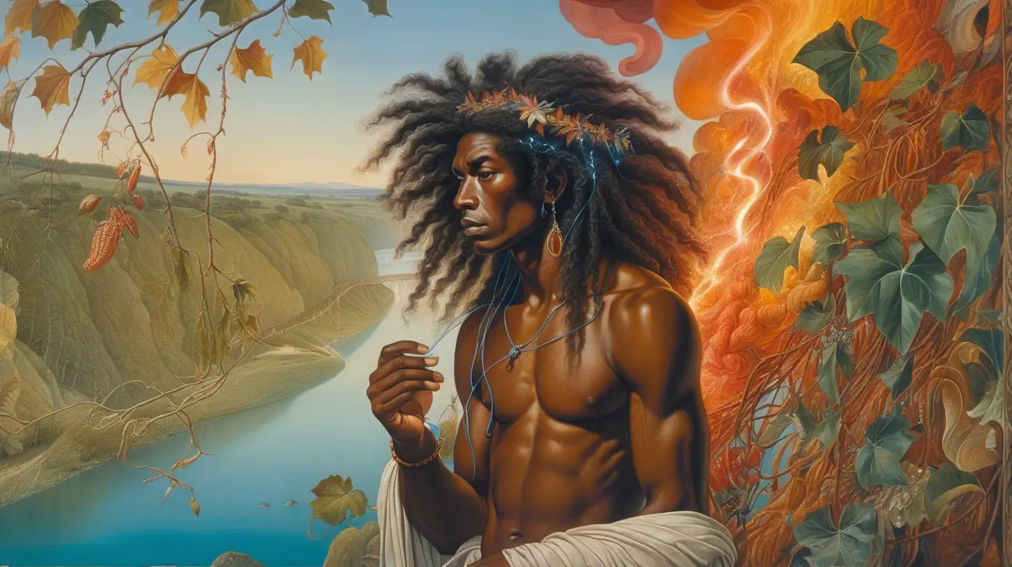  electric colors, by Richard dadd, by greg rutkowski, hanging vines,  by david mann, scroll painting, first person, dramatic, river, slides, melanin, fire hair,  glamour shot