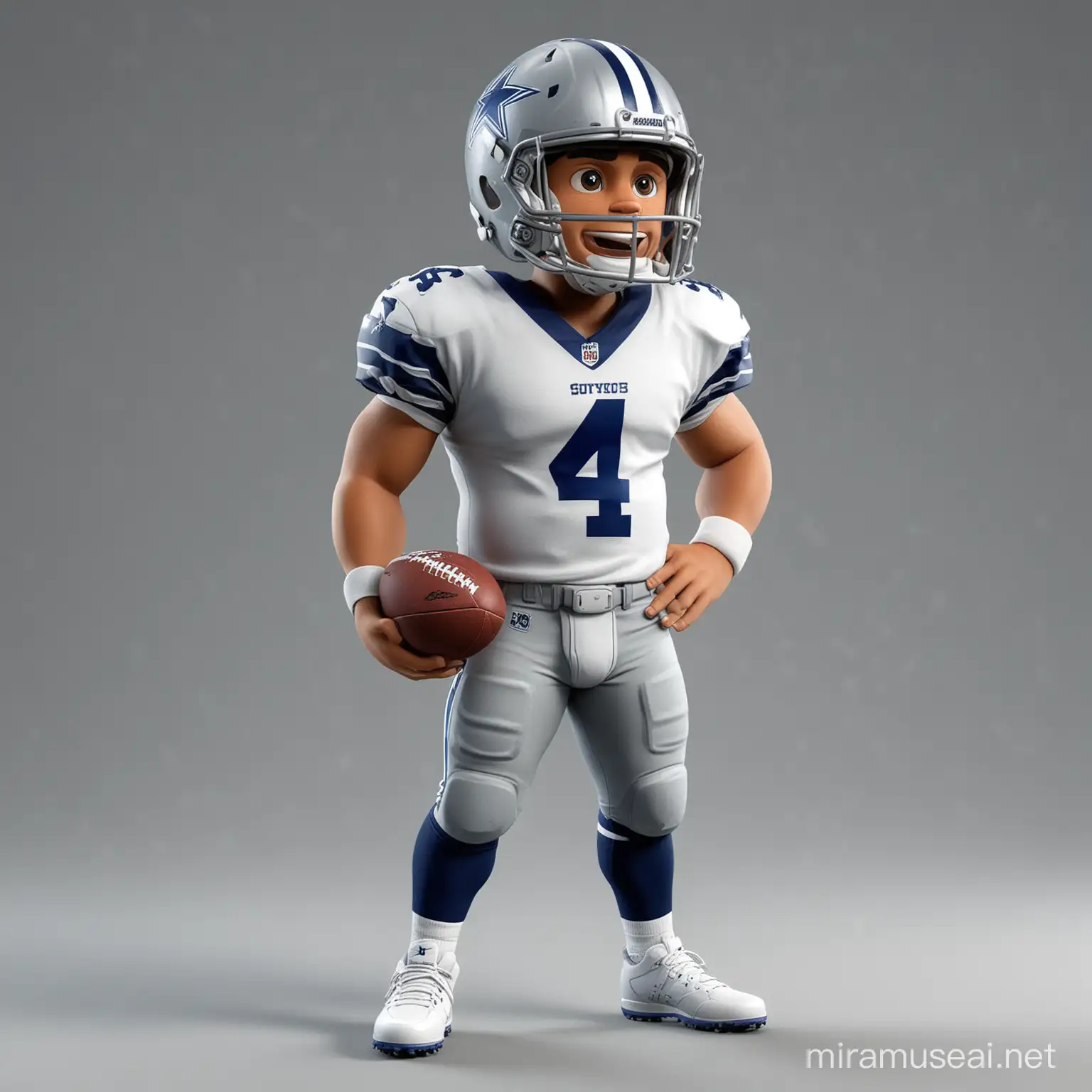 a cute 3d rendered nfl player looks like Dak Prescott, wearing american football helmet and Dallas Cowboys	kit, standing pose, cartoon style