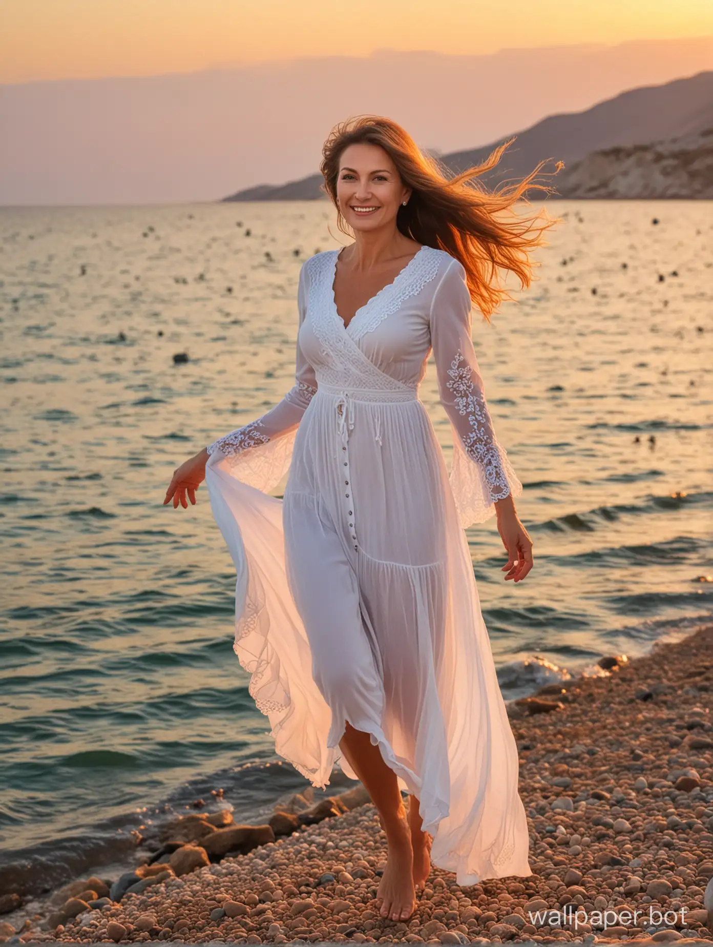 Beautiful Russian woman 50 years old at sunset by the sea in Crimea, full height, smile, dynamic poses, birds