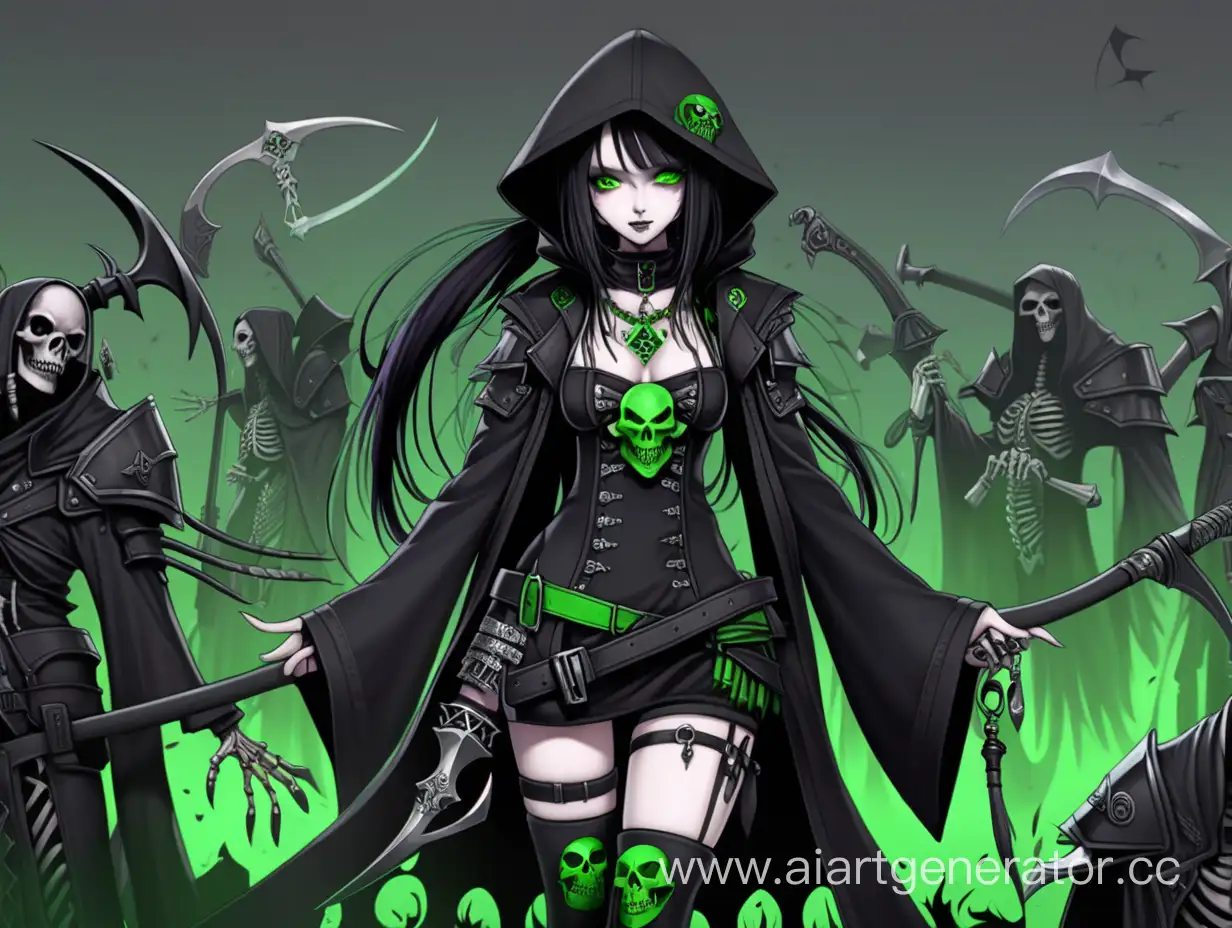 anime girl goth necromancer black and green with scythe and undead army