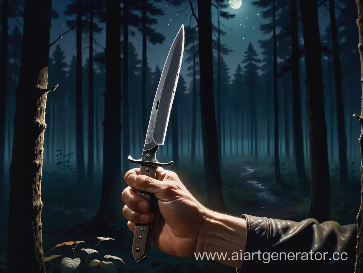 нож в руке разбойника в лесу ночью 20 век