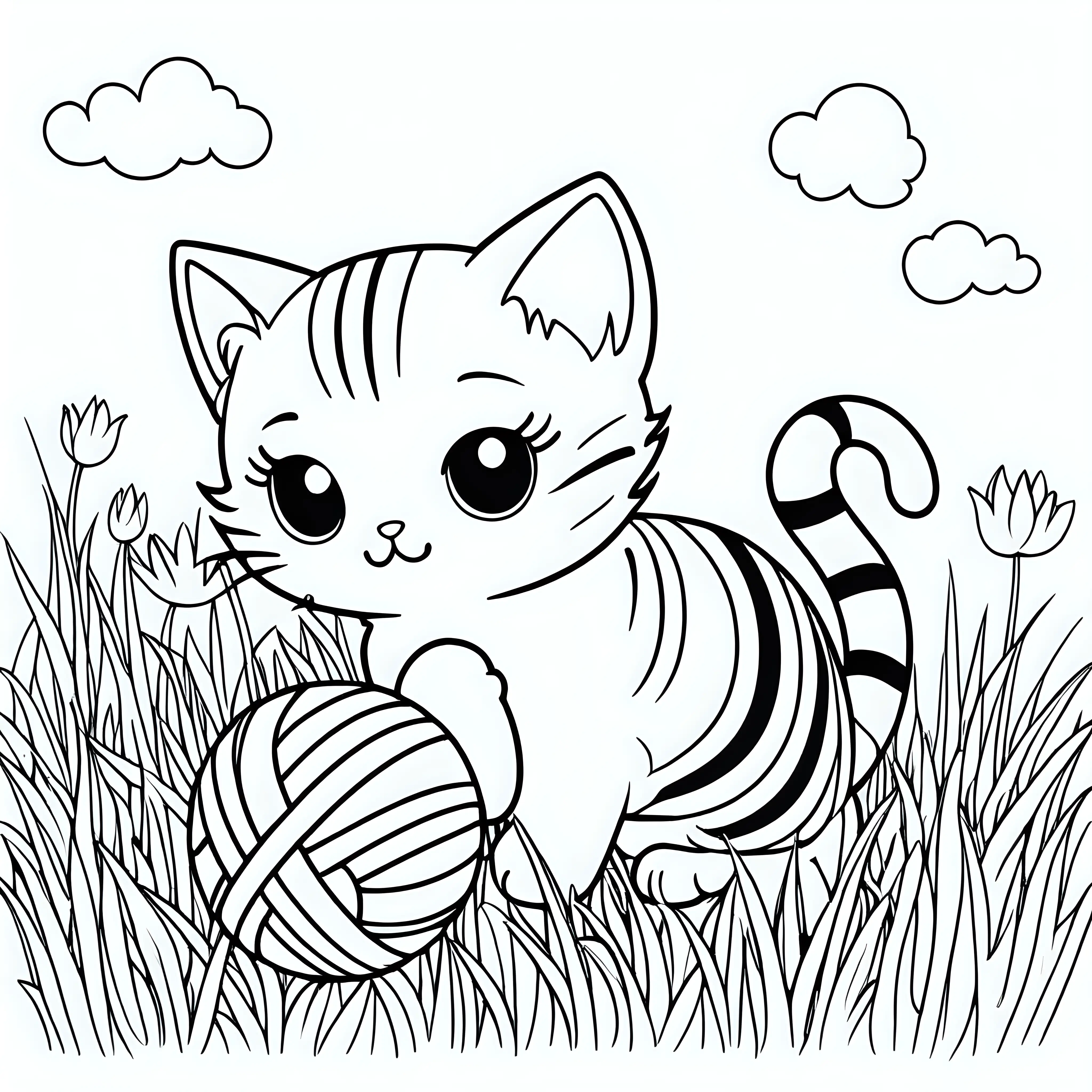 Coloring page of a cute kawaii cat  playing with a striped ball in a grass field, black lines and white background only black and white 