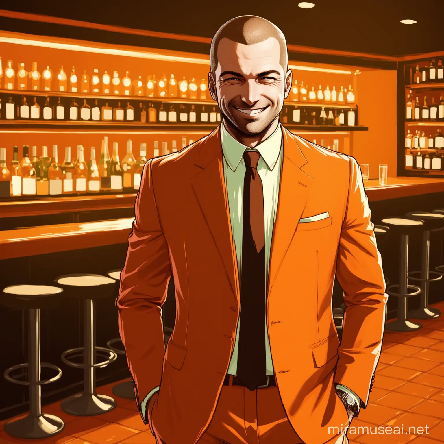 smiling man in business suit. standing in a bar. orange colored theme. make image gta iv style