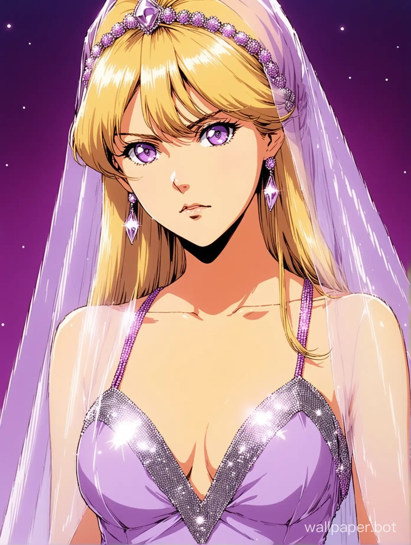 waist-up portrait of a beautiful young blonde woman, she is thin and elegant, youthful face, bright violet eyes, bitter facial expression, scowling, slender elegance, she is wearing an elegant light purple dress, deep plunging V, wearing a lilac turkic headdress that is lined with dangling silver sequins, translucent lilac veil, retro 1980s anime