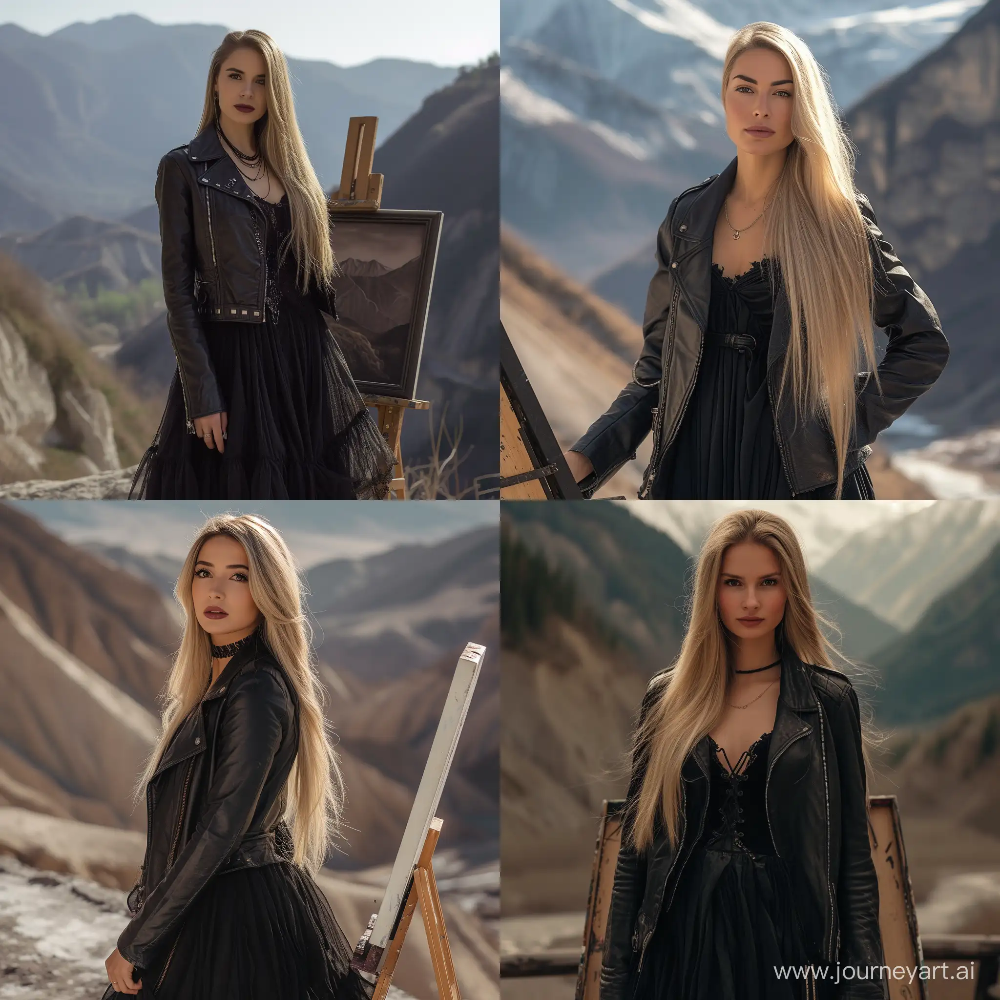 Elegant-35YearOld-Female-Artist-in-Black-Chiffon-Dress-and-Leather-Jacket-Creating-Cinematic-Masterpiece
