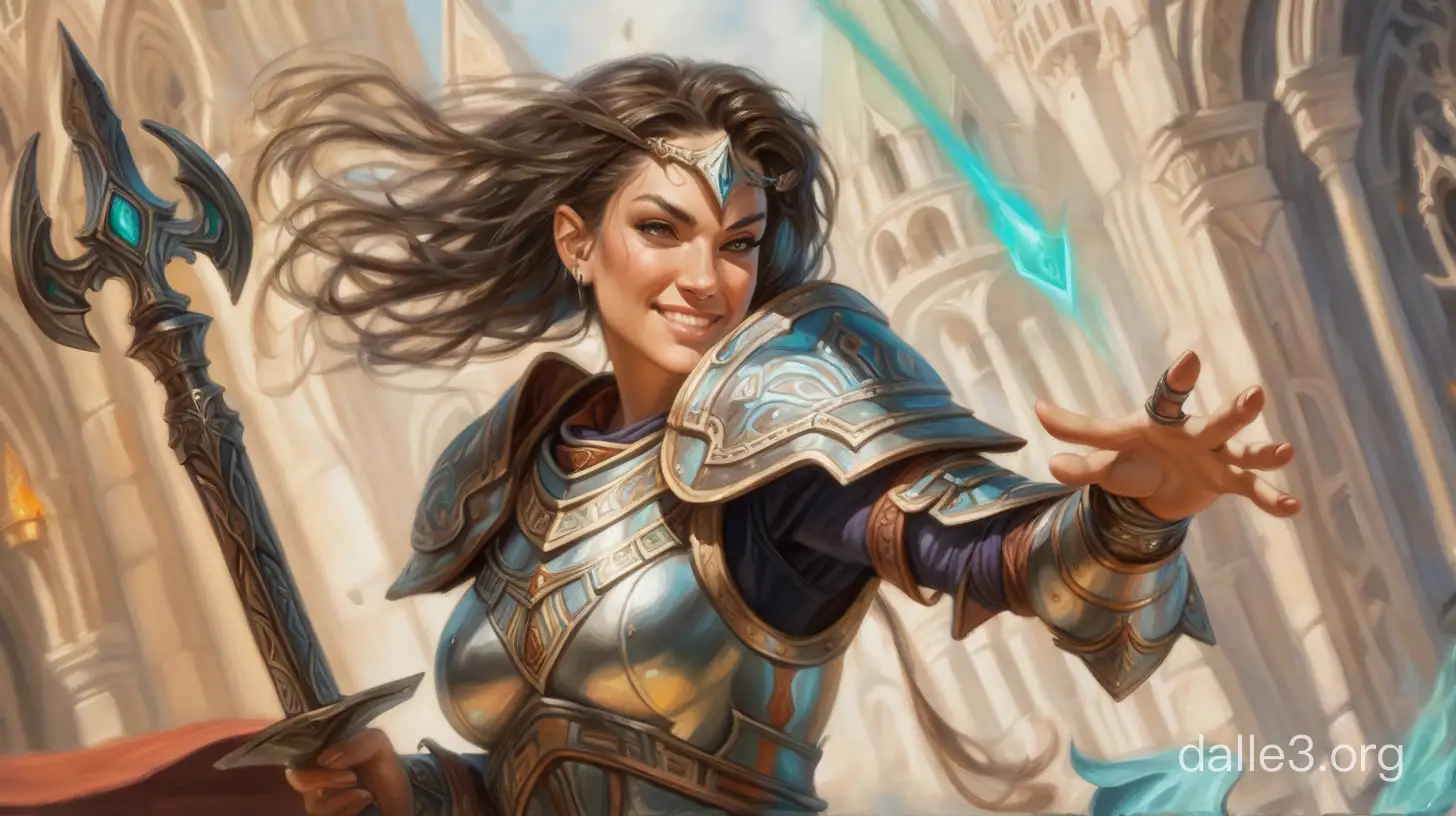 painterly half-length portrait of a female character ( paladin fighting evil sorceress ). slight seductive smile. background: matching her heritage or profession