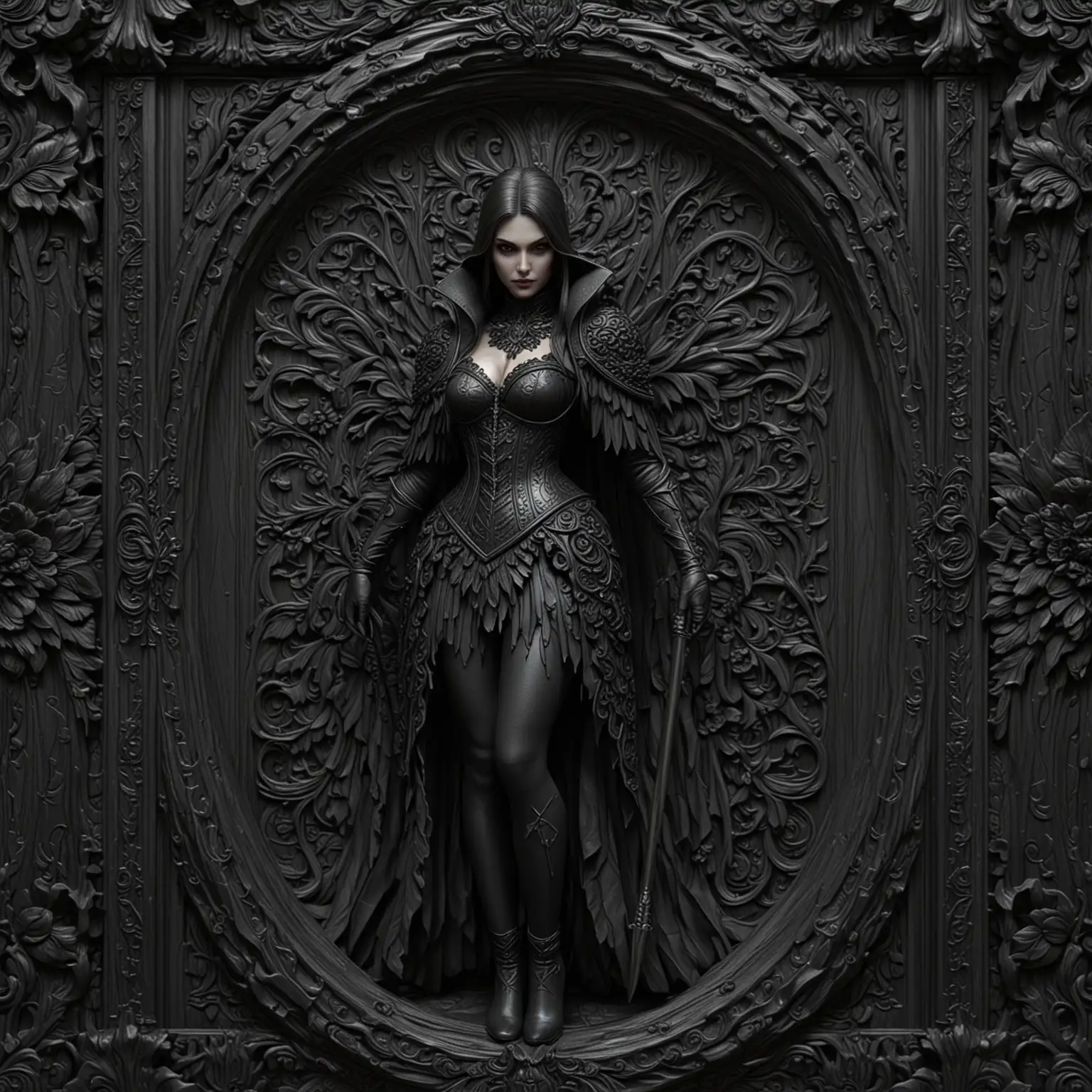 Seamless-Carved-Black-Wood-Frame-with-Female-Vampire-in-Fur-and-Spear