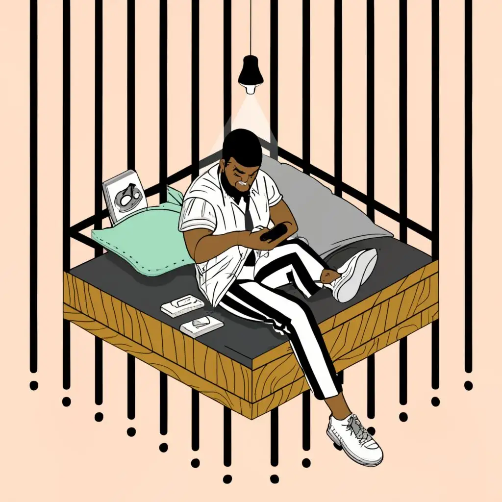 a logo design,with the text "All Off The Rack", main symbol:A black man in his cell laying on his rack with black and white strip pants on on his cell phone making plays and running a business in the free world from the rack or some with a camera up on the wall,complex,be used in Entertainment industry,clear background
