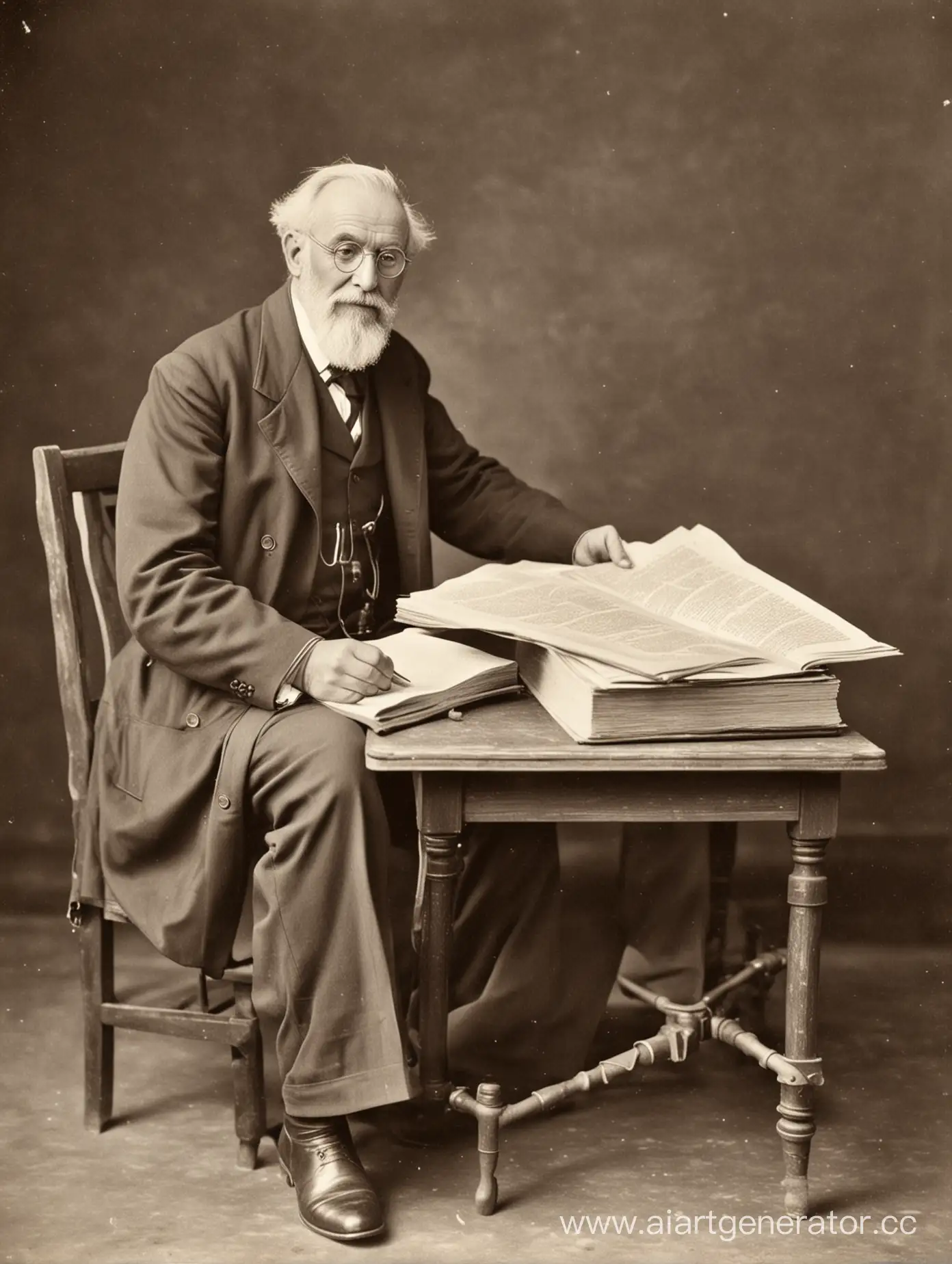 old photo of a scientist sitting at a table with a full-length book