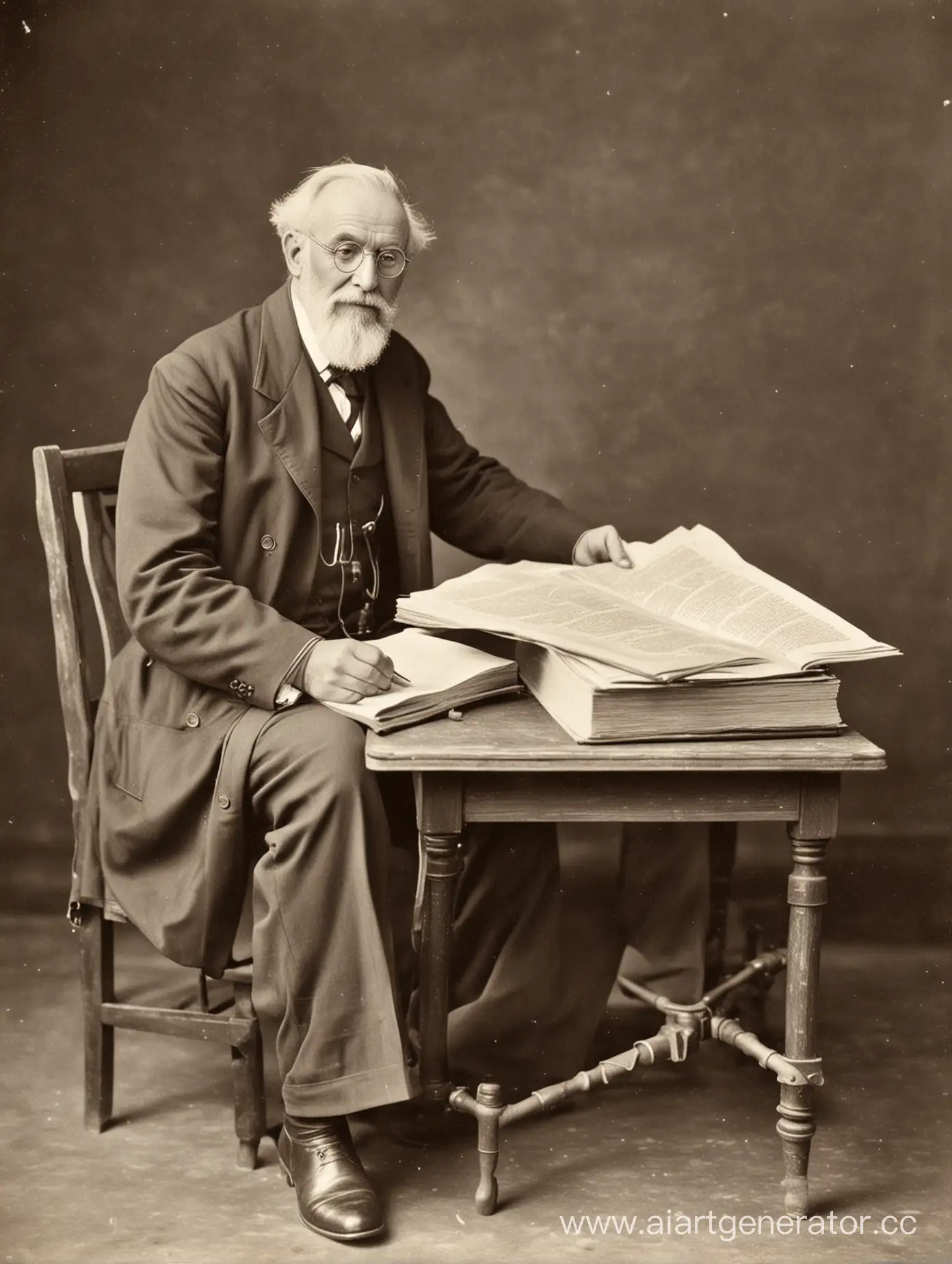 Vintage-Scientist-Reading-at-Wooden-Table