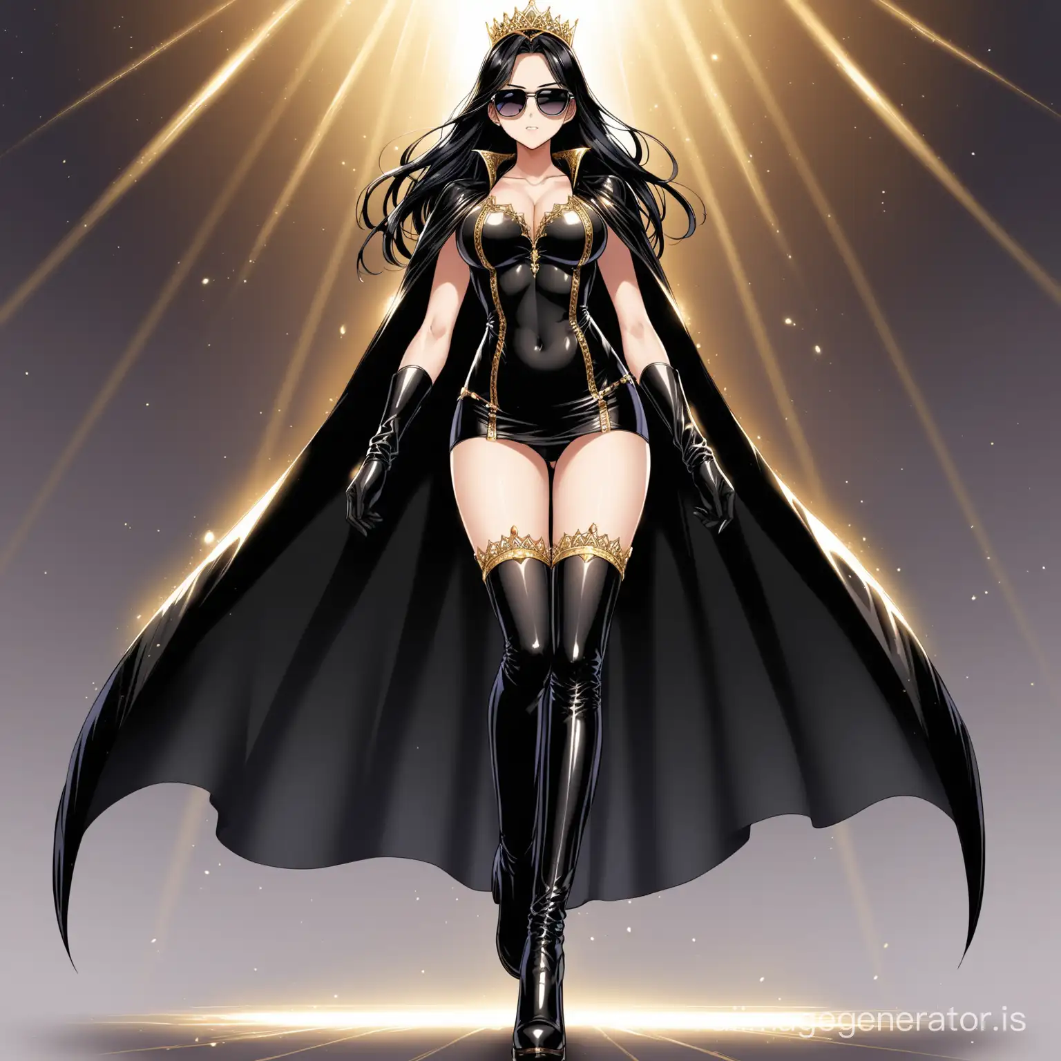 hot anime girl with long and beautiful black hair dressed in a black one piece dress with a leather skirt reaching above her thighs. she is also wearing a long black cape starting from her shoulders till the legs. she also wears a pair long black leather gloves and a pair tall leather boots. she wears a pair of cool shades and she looks royal by wearing a golden tiara