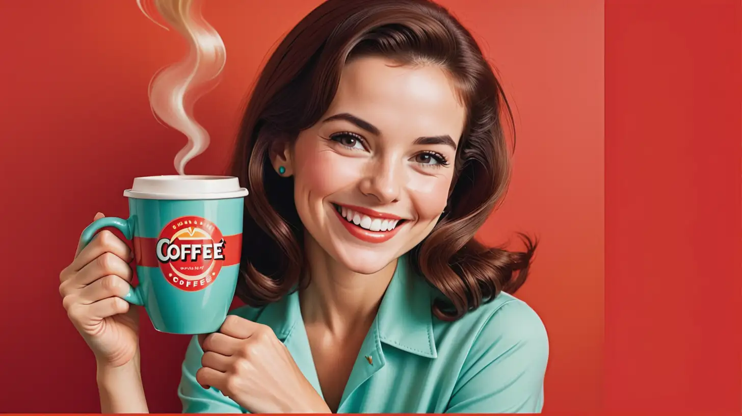 RETRO 1960'S MAGAZINE AD, red background, woman  with a big smile, holding a cup of coffee, colorful