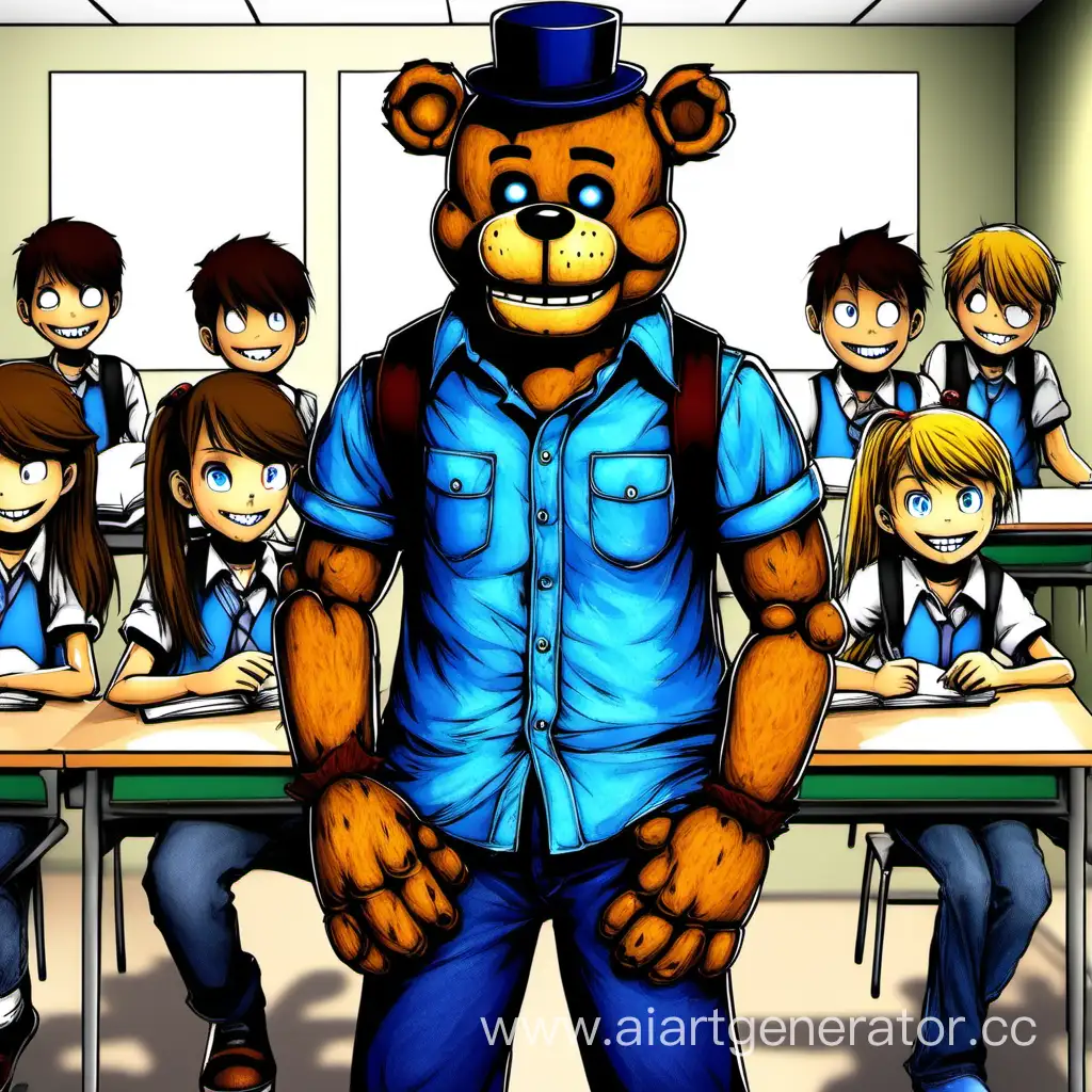 Freddy-Fazbear-in-a-Blue-Shirt-at-School-Playful-Animatronic-Student
