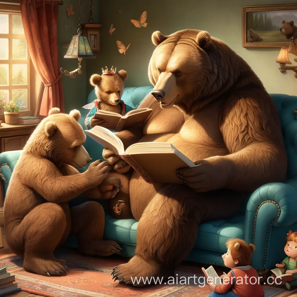 Огромный бурый медведь читает сказку своим медвежатам. рядом с ним на диване его дети   