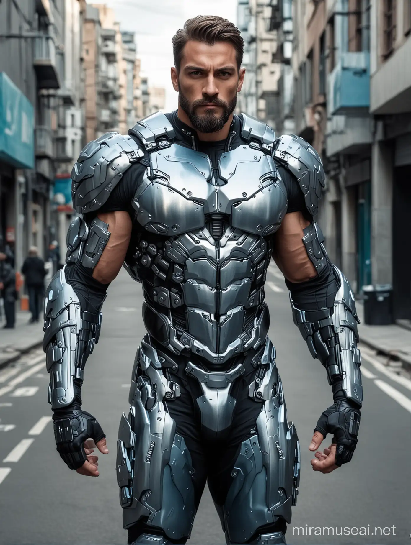 Tall and handsome big bodybuilder men with beautiful hairstyle and beard with attractive eyes and Big wide shoulder and chest in sci-fi High Tech sliver, light blue and black armour suit with firearms walking on street 