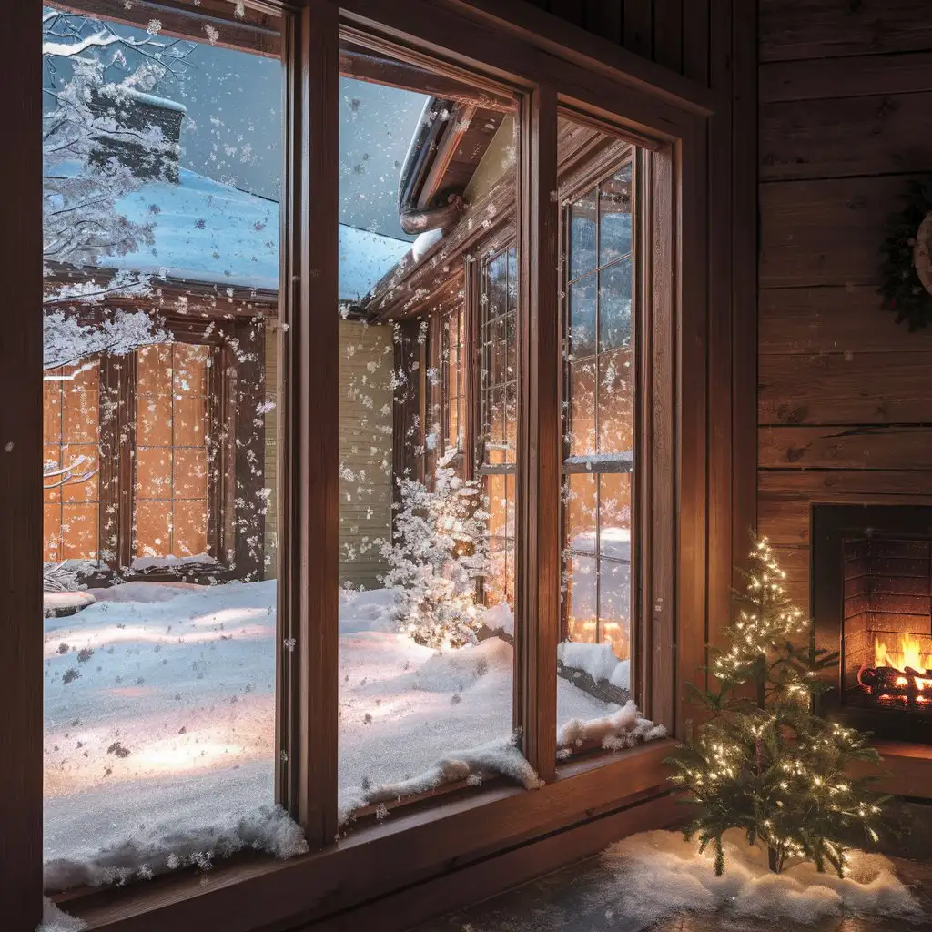 a view of the snow from inside a house, with wooden frames
