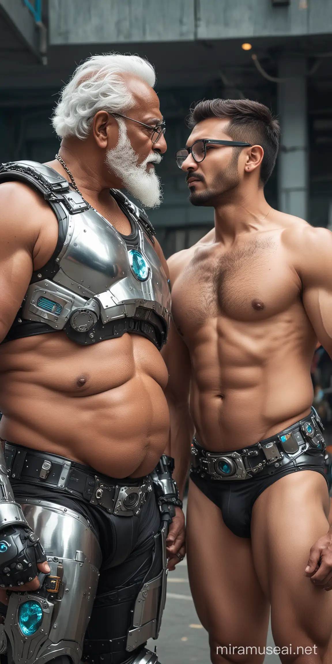 Indian grandfather and adult grandson son bisexual throuple kissing, Handsome mature beefy man,with big fat pot belly ,fighting along with his adult grandson,  hot handsome, sexy,  beautiful, shirtless, hairy body ,hairy chest, oiled up, body glistening, wearing glasses,futuristic  a mech battle gauntlet,chest armor, leg and thigh armor, with aquamarine white and silver details, background of futuristic high tech city