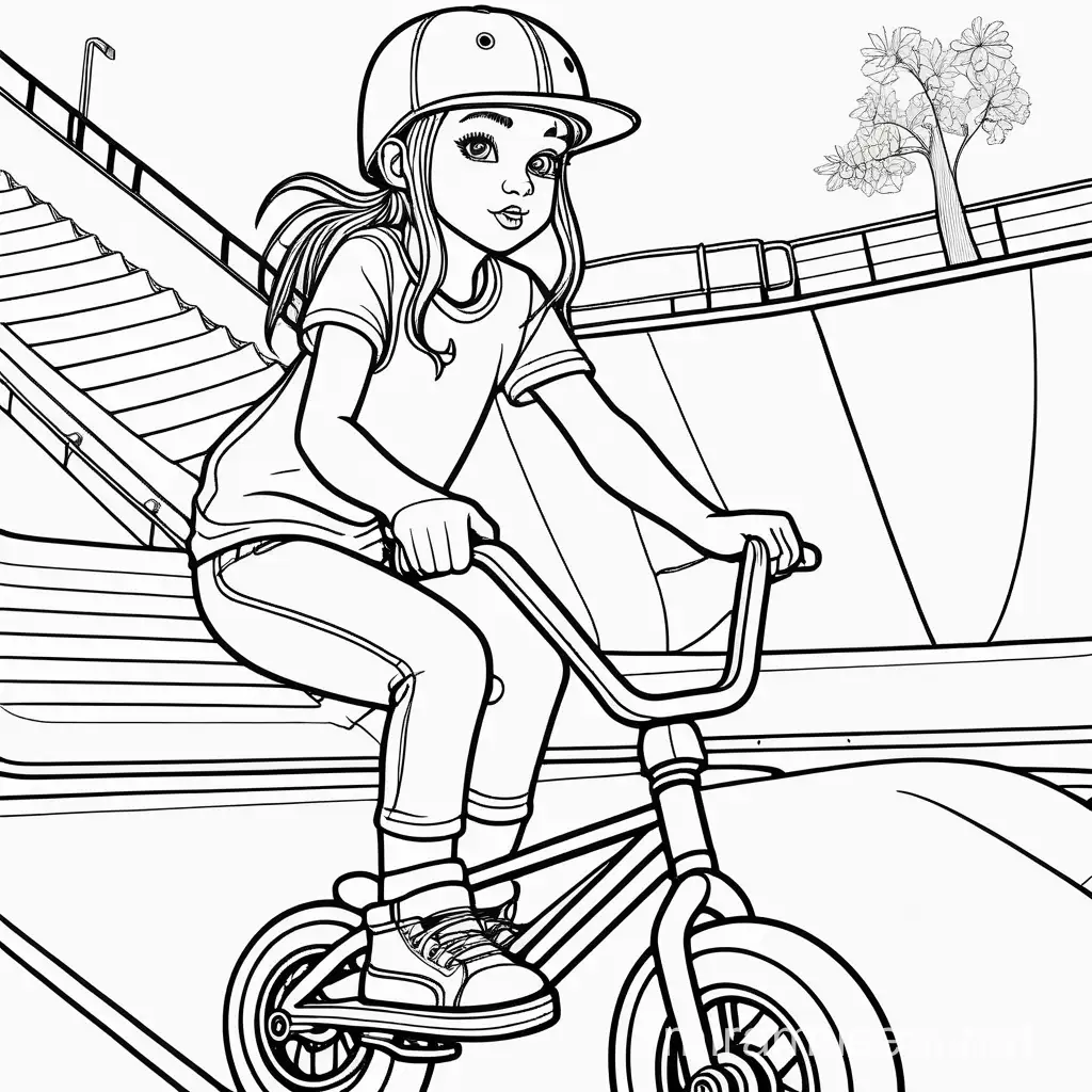 coloring book page, skatepark theme, girl bmx, a4 portrait
