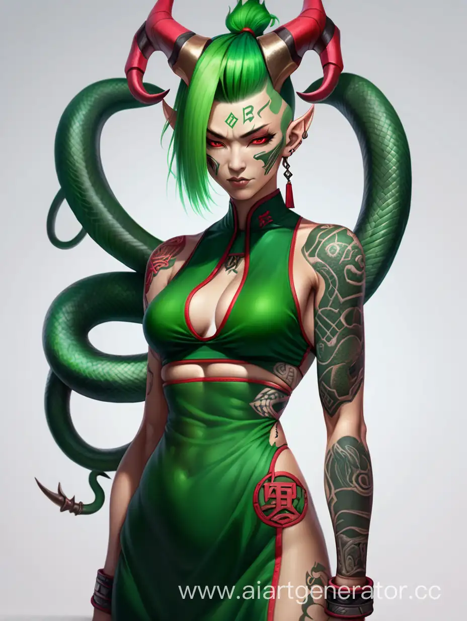 Demon, snake humanoid,athletic body, green skin, short green hair with mohawk, cyberpunk long green and red asian dress, rune tattoo, horns, asian female character