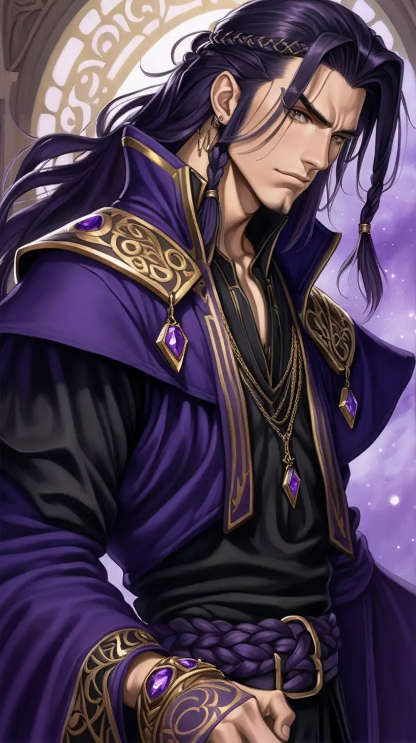 in the vintage style of vintage anime, mid-20s young man with lightly tan skin. He has a stocky build. He has long, amethyst-purple colored hair that goes down to his shoulder blades, and the top of his hair is tied and braided down his back. He has a beard on his face. He is a warlock from a medieval fantasy setting. he wears black elegant mage robes accented in gold plating with a long black cape. he has gold hoop earrings with teardrop crystals hanging from them. He has gold bands down his biceps, forearms and wrists. He has a serious attitude to him.  He has long, black hair that goes down to his shoulder blades, and the top of his hair is tied and braided down his back. His eyes are a deep gold color. His pants are black trousers, and black boots with gold metal accents. He holds a warlock's tome in his hands, and there is dark purple magic coming out of it.