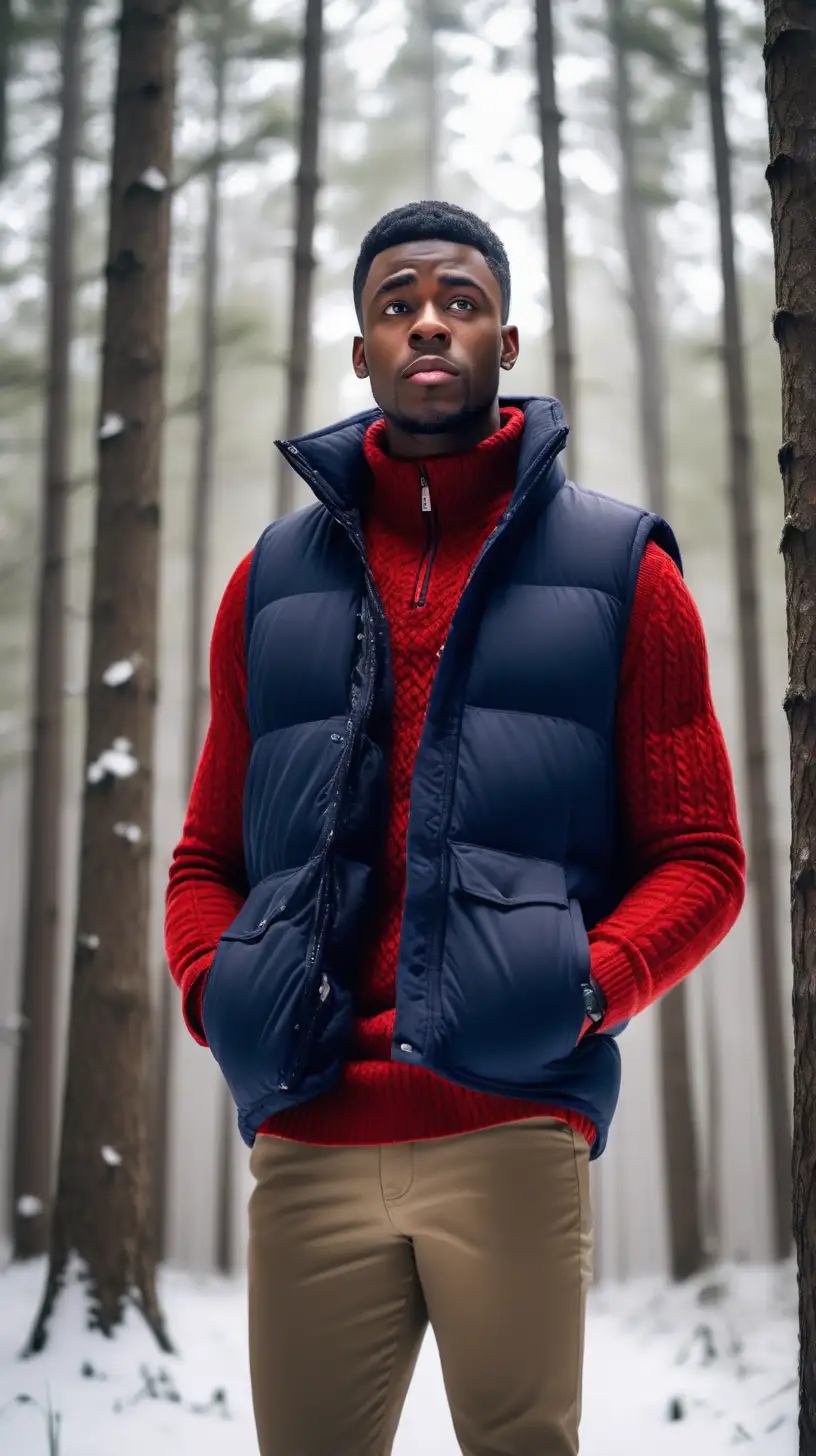 Handsome, young, Black, man, wearing Red, puffer vest, Navy cable knit sweater, Khaki pants, Snowy day, standing in a forest, lighting from behind, Ultra 4k, high definition