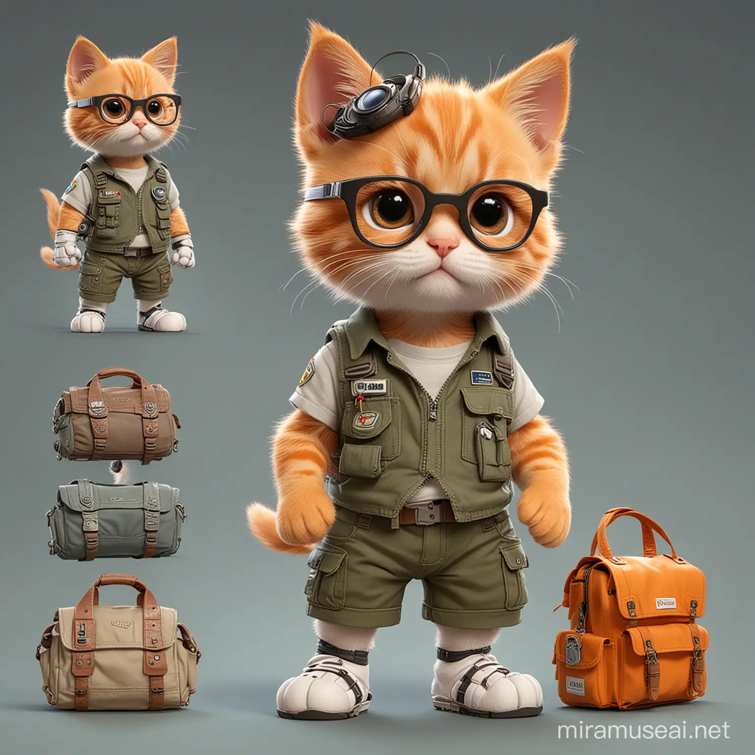 Generate an adorable 3D Pixar-style clipart of a baby orange kitten wearing cargo shorts, t-shirt with cartoon robot image, vest, pilot googles, adventure belt and messanger bag