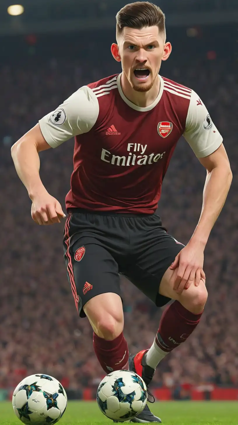 Draw the image of Declan Rice The beard is thin and sparse
 IN Arsenal T-SHIRT , dribbling the ball

, 3d cartoon,wearing shoes,