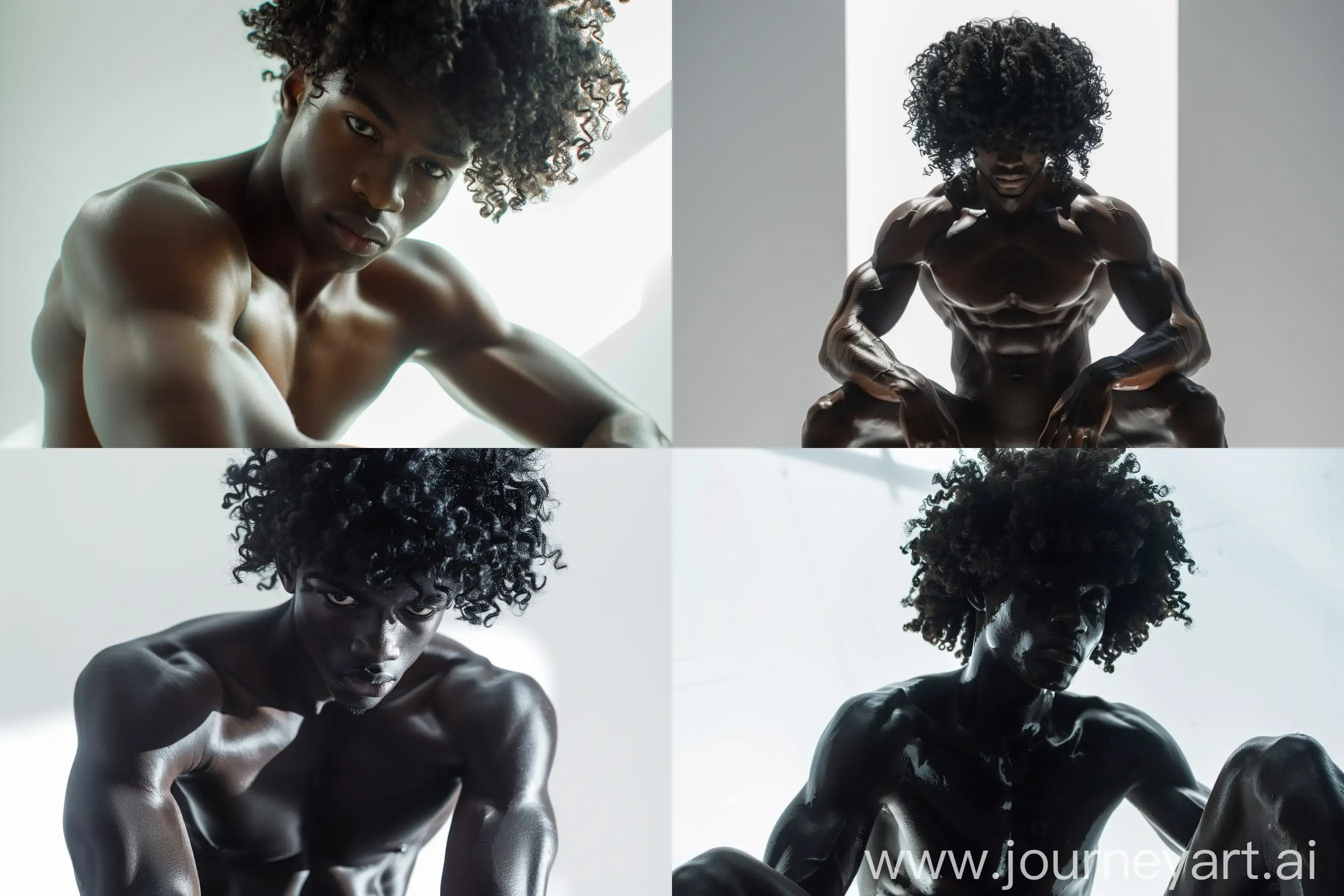 bright white background, photorealistic,black face youth with curly big hair and masculine 6abs physique, partially sitting on top of table --ar 3:2