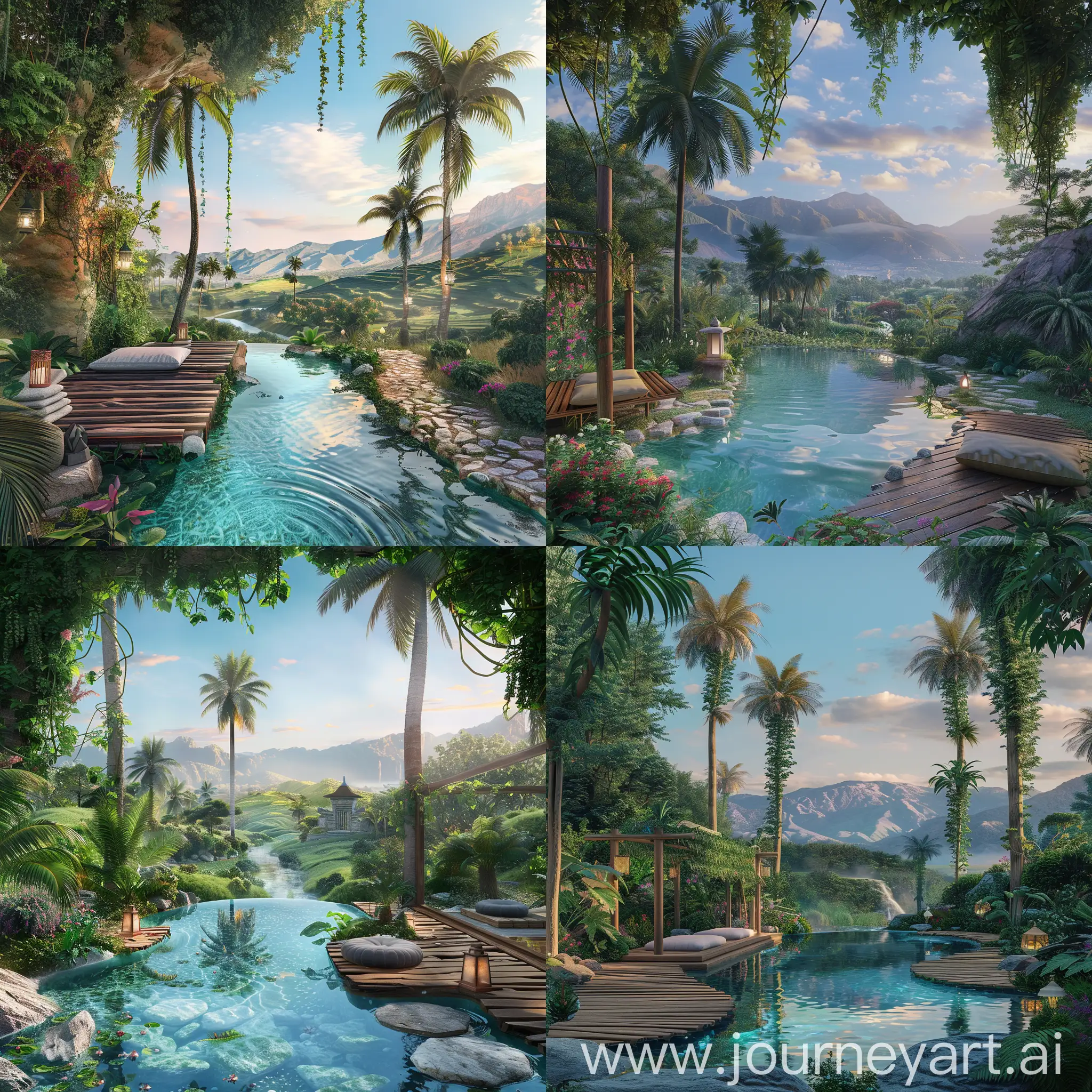 Generate an image depicting a serene oasis surrounded by lush greenery and nestled within rolling hills. The oasis should be a crystal-clear pool of water reflecting the blue sky above, with tall palm trees lining its edges. Include a wooden meditation platform with soft cushions on one side, shaded by a canopy of vines. Add a gentle stream nearby, meandering through the landscape. On the other side of the oasis, depict a pathway leading to a secluded meditation garden adorned with colorful flowers and aromatic herbs, with stone lanterns lighting the way. In the distance, show majestic mountains rising against the horizon, bathed in the warm glow of the setting sun. Capture the overall feeling of tranquility and invite the viewer to escape into this serene oasis for a mindful retreat.