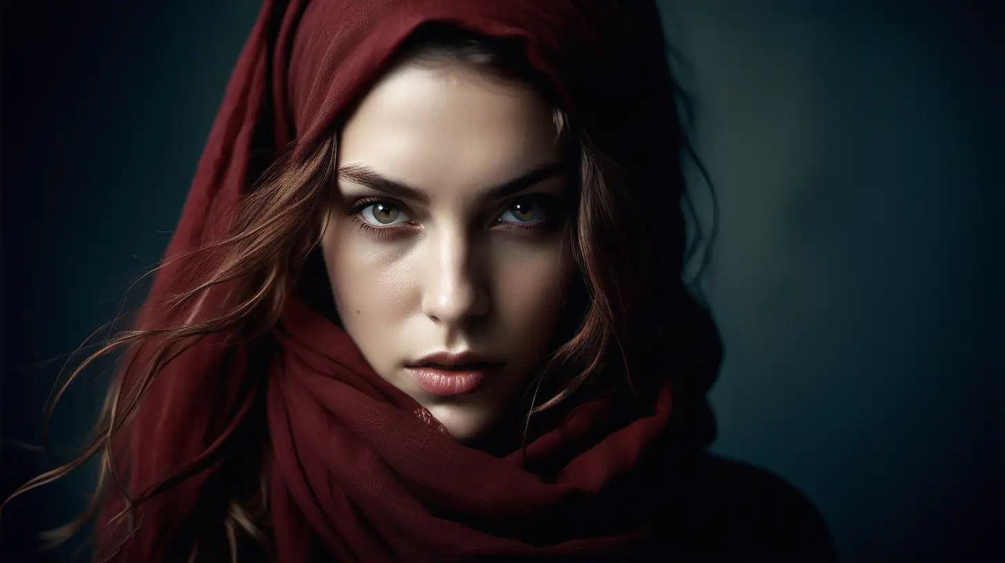 A realistic photograph of a beautiful female model with long messy hair, sensual eyes, dark red headscarf, showing emotions of love, soft, natural, fashion, editorial, set in a studio, backdrop bokeh, medium format camera, high-resolution, detailed portraiture, hyperrealistic, stunning lighting, dynamic composition, emotive expression, soft gaze, textured skin, sharp focus, attention to detail, natural beauty, authentic photograph by Anton Corbijn --ar 3:2 --v 6.0 --style raw