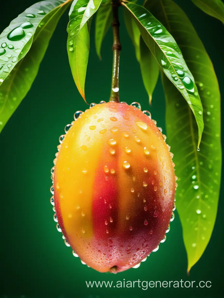 Vibrant-African-Mango-with-Refreshing-Water-Droplets-on-Green-Background