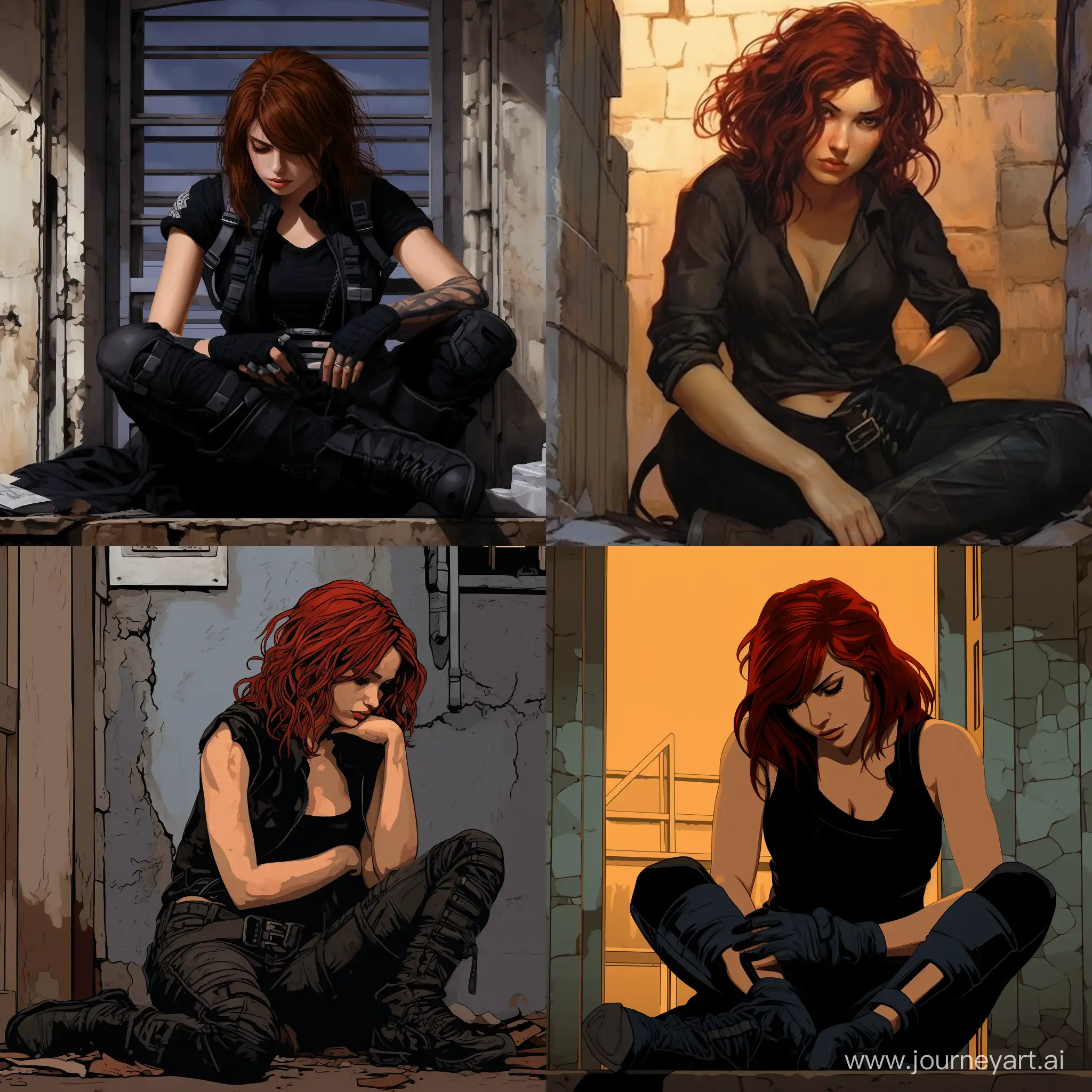 Natasha Romanoff sitting against a wall, clutching her stomach, with a hole in her stomach