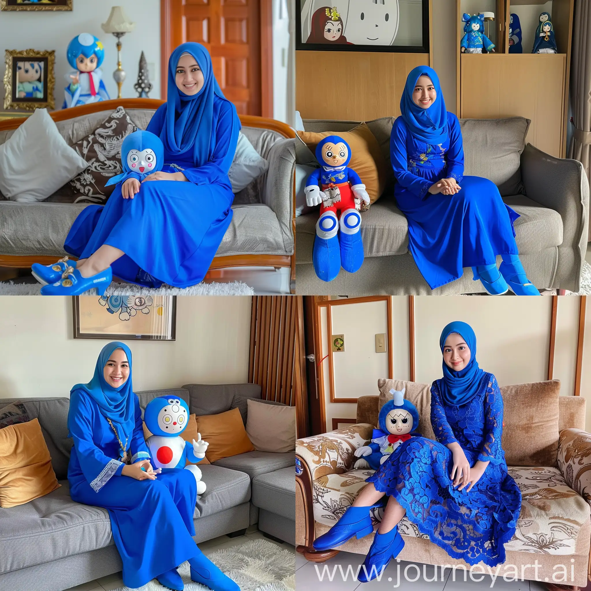 Young-Muslim-Woman-in-Blue-Dress-Relaxing-with-Doraemon-Doll-on-Sofa