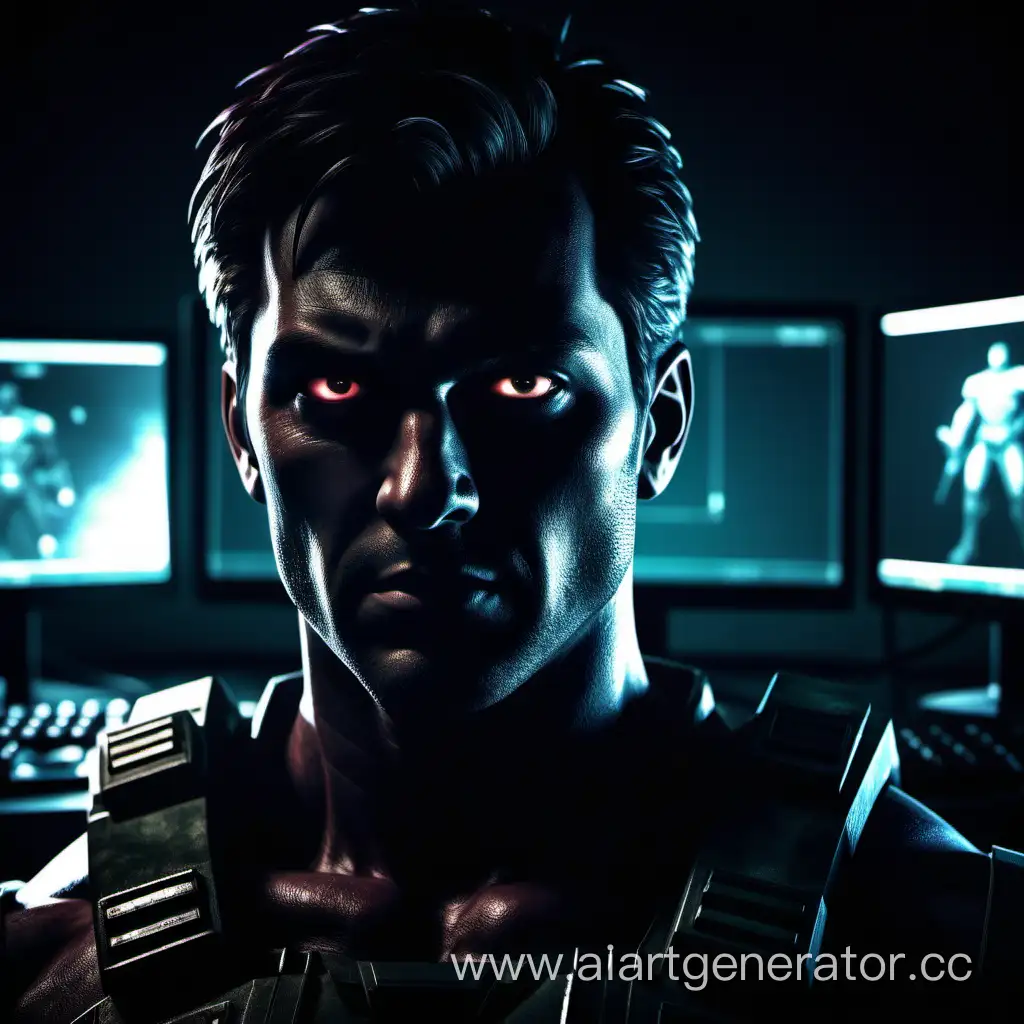 сюжет из компьютерной игры современной  в ярко-темных тонах с персонажами. приближено первый план. герой смотрит прямо в экран
