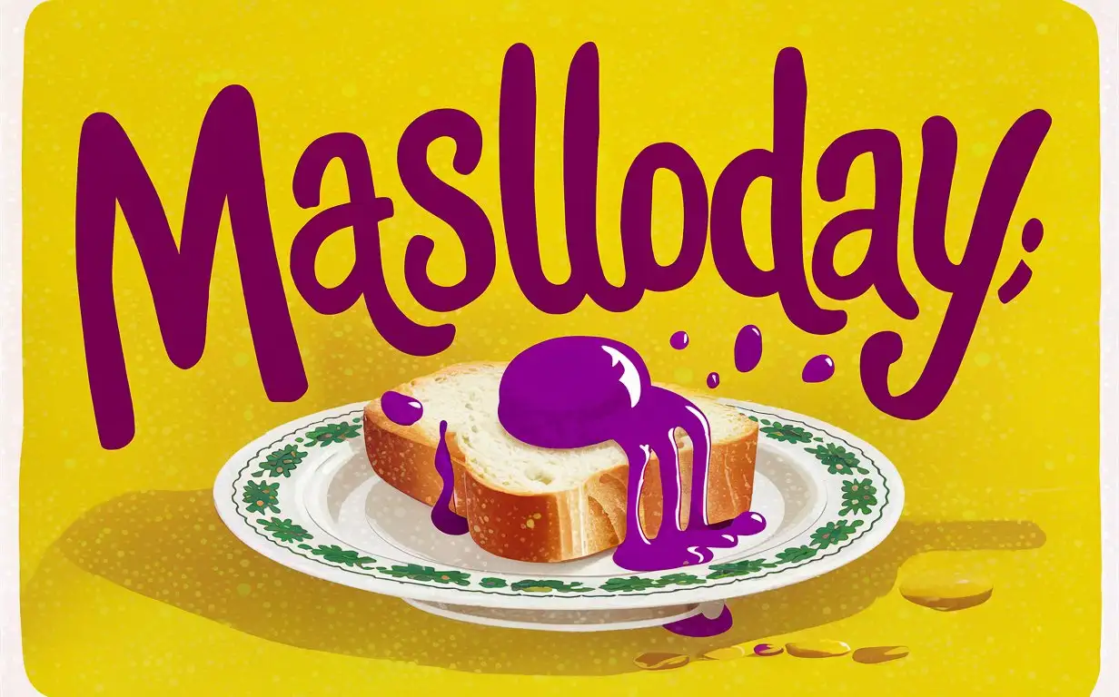 Фон жёлтый по центру надпись прикольным шрифтом MASLLODAY фиолетовым цветом под надписью находится тарелка с кусочком хлеба с фиолетовым маслом. На этот кусочек хлеба с надписи стекает фиолетовое масло
