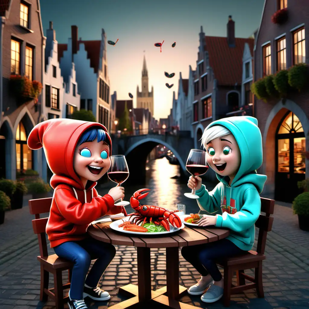 Create a 3D cartoon image in billy and mandy style featuring two happy children, one girl and one  boy enjoying a delightful meal of lobster and mussels in the enchanting cityscape of Brugge. Illustrate them sitting at the table in with the delectable seafood spread. Maintain their cartoon-like appearance and ensure they express joy while savoring the delicious feast. Highlight the romantic ambiance of Brugge in the scene, capturing the unique charm of this historical city. They look like teenagers wearing colorful hoodies and they are drinking wine while laughing. only the boy has short silver hair and only the girl has long brown hair