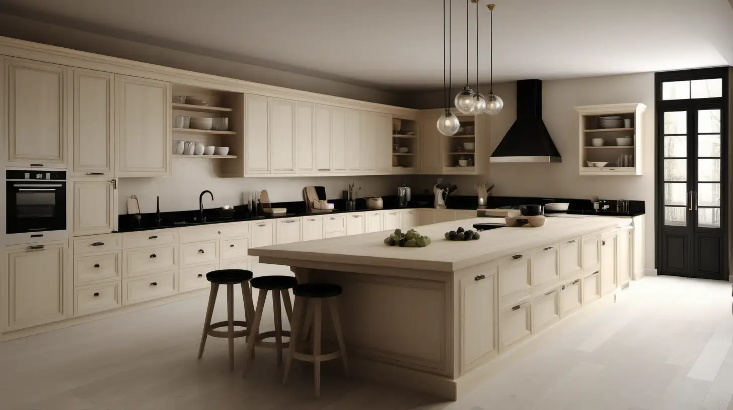 imagine a Modern Parisian large home kitchen; walls in ivory; blonde oak; black accents; simplicity; 