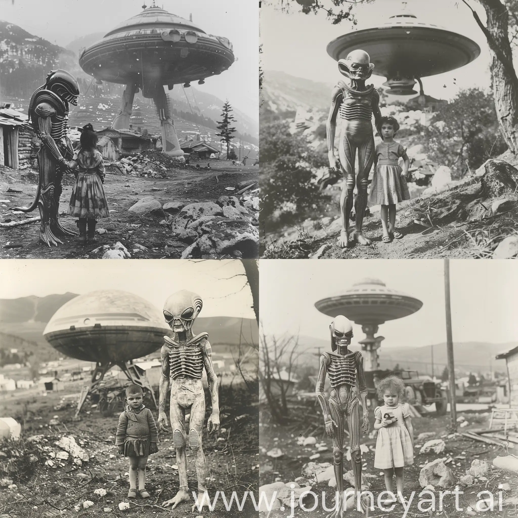 An old black and white photo taken in 1930 of an alien creature standing with a child, a spaceship behind them, with real details, as if it were a realistic, non-fictional photo with real and clear features highly detailed --style raw --stylize 500