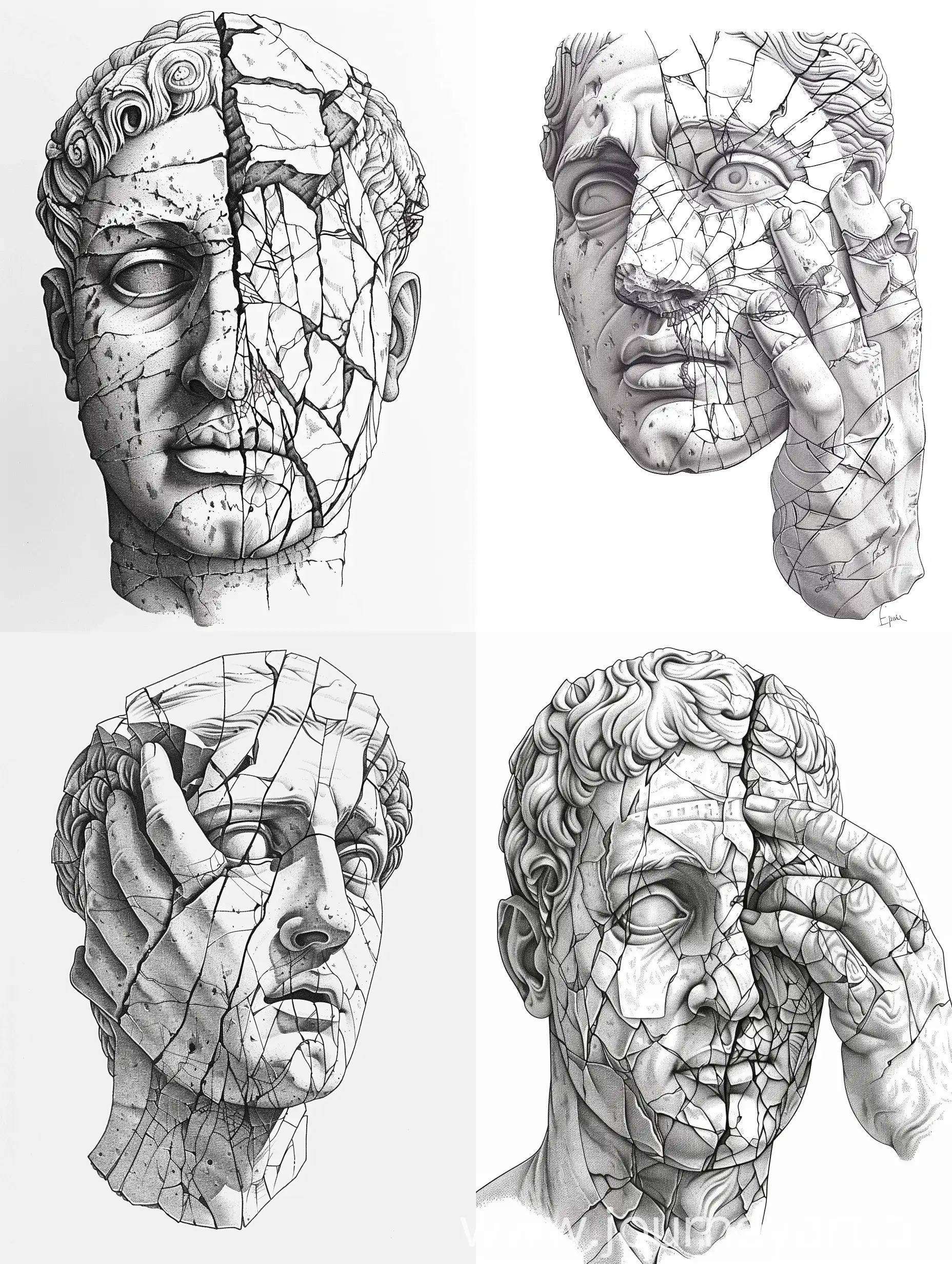a drawing of a head with a broken face and a broken hand, broken statues, stoic face, ancient greek statue, masterpiece ink illustration, head and bust only, subject made of cracked clay, greek statue, weathered drawing, giant head statue ruins, by João Artur da Silva, classic sculpture, by Alexis Grimou, vector ink drawing, roman face